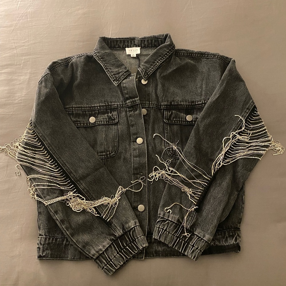 🚨LAST SMALL EVER🚨Last Call Rhinestone Fringe Denim Jacket - Picture 14 of 16